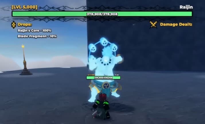 Raijin boss fight on Rainbow Sky Island — defeat for Raijin's Core drop